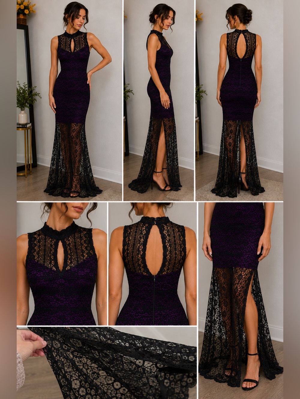 NWT Frederick’s of Hollywood Black Purple Lace Maxi Dress Gothic Evening Gown M